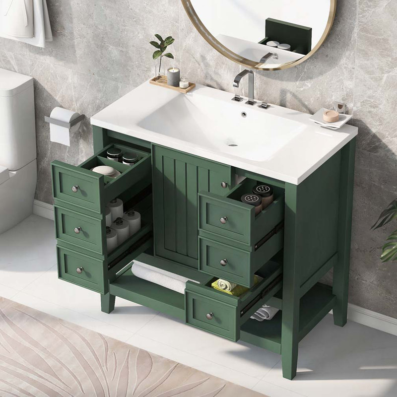 Meuble-lavabo 36 po avec lavabo en céramique, Vert
