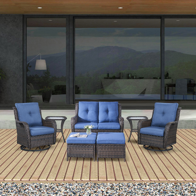 Bonia Wicker 4 - Person Patio Conversation Set with Cushions, Blue, Brown