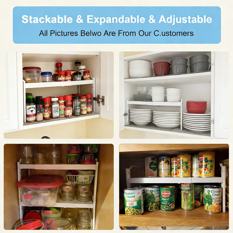 Stackable Adjustable Kitchen Cabinet Organizer Shelf, Expandable Metal Storage Rack For Countertop, Pantry, And Cupboard, 3-Pack