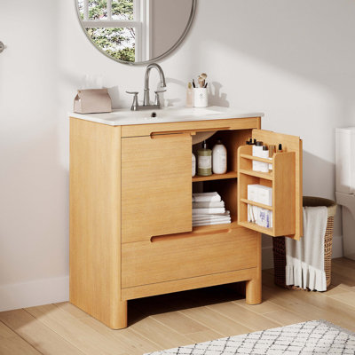 Meuble-lavabo moderne 30 po avec lavabo en céramique, grain de bois naturel, structure en bois massif, portes et tiroir à fermeture en douceur, tablette réglable, ensemble tout-en-un, chêne