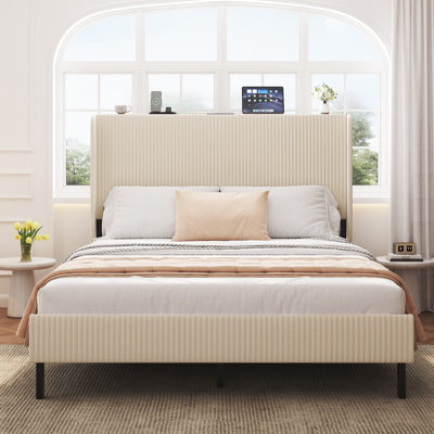Metal Bed Frame With Charging Station And Storage Headboard (Beige), Noise-Free Design, No Box Spring Needed