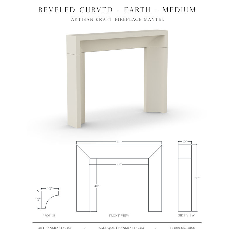 Beveled Curved Cast Stone Fireplace Surround, Earth, 50" H x 64" W x 10" D