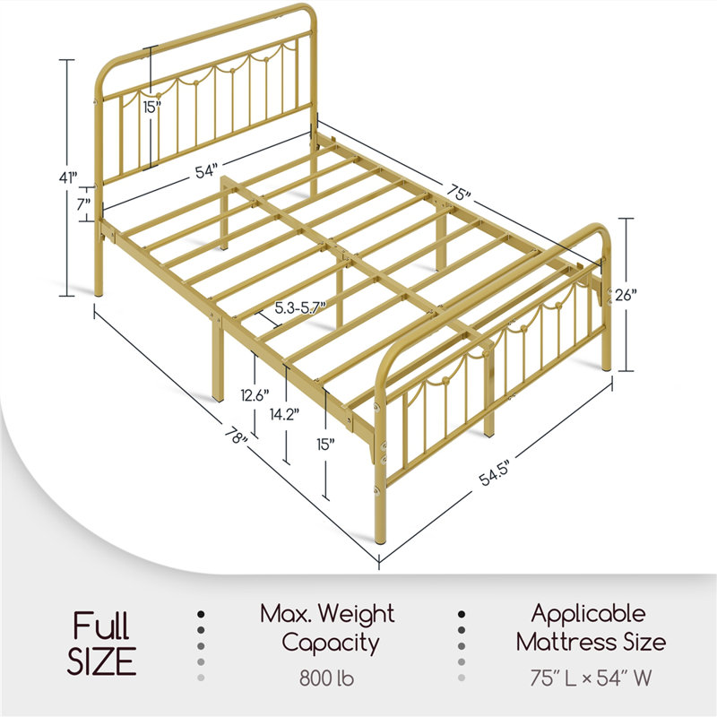 Dravin Metal Platform Bed Frame with Vintage Headboard and Footboard, Antique Gold, Full