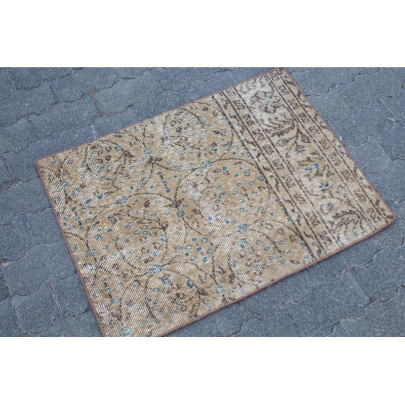 Tapis Oushak turc rétro fait à la main - petit tapis d'entrée brun avec motif Beni Ourain