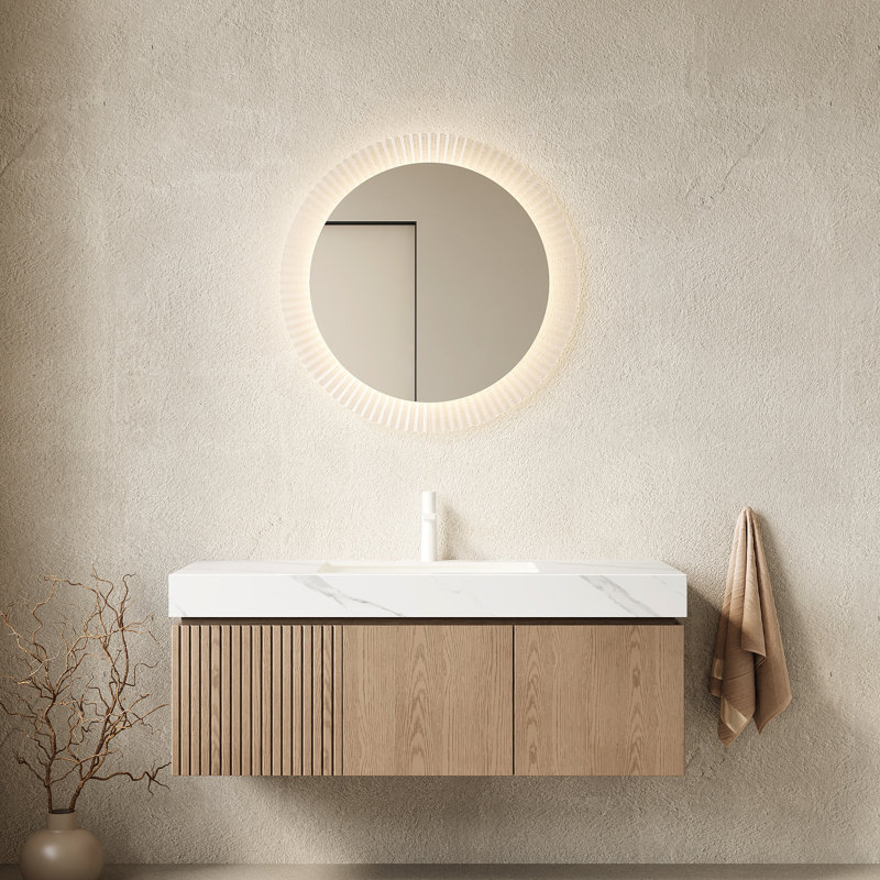 Meuble-lavabo de 48 po avec pierre frittée blanche, cuve en céramique, rangement en contreplaqué flottant, tiroir et portes, pré-assemblé, facile à utiliser
