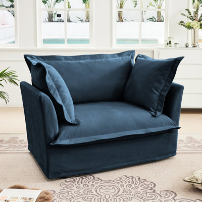 Fauteuil confortable avec chenille bleue, 1 grand coussin de dossier et 2 coussins décoratifs, fauteuil à assise profonde en tissu de chenille relax, bleu