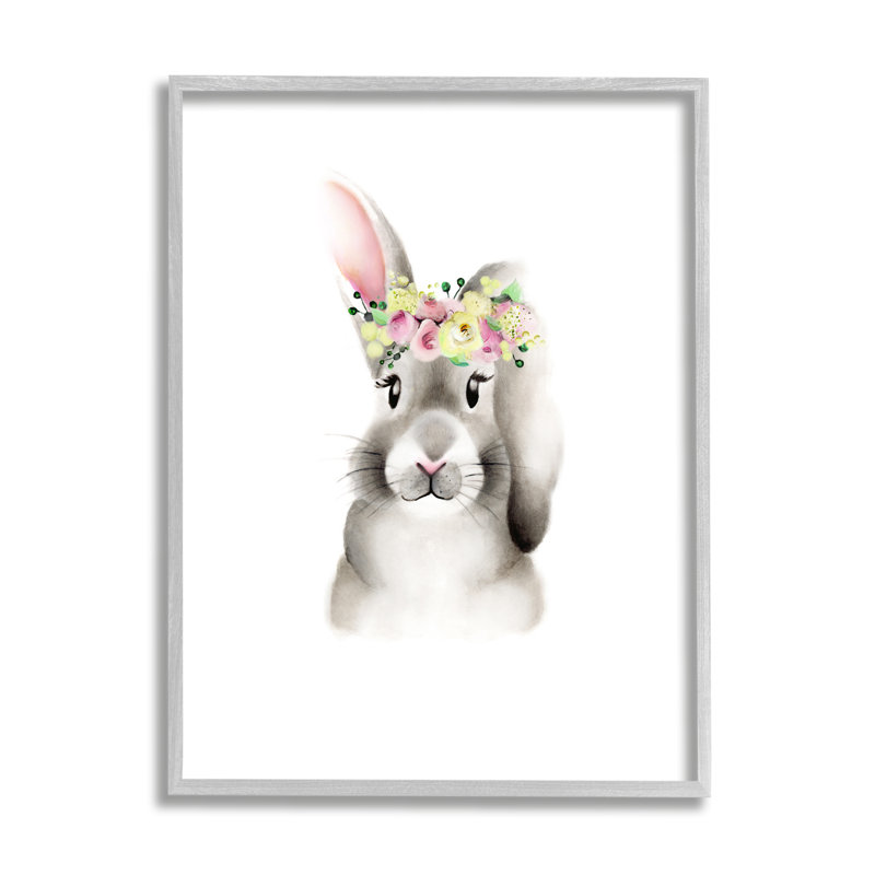 " Cute Cartoon Baby Bunny Rabbit Flower Crown Forest Animal Painting " by Studio Q, Farmhouse Grey Framed Giclee