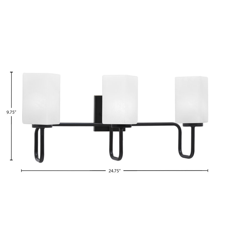 Barre d'éclairage de salle de bain 3 lumières Amarmula, finition noir mat, verre carré blanc de 3,5 po, Blanc, Noir