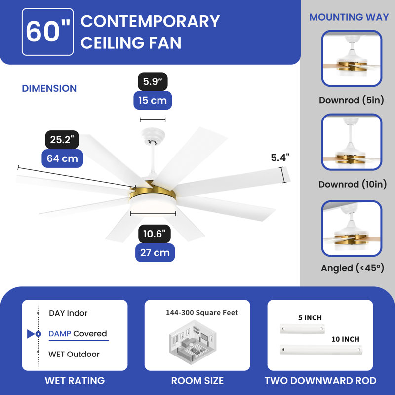 Ventilateur de plafond 60 po avec lumières DEL Chemane, Blanc, Or/blanc