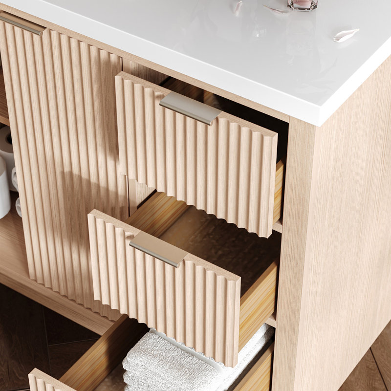 Meuble-lavabo simple 54 po en chêne massif avec plateau en quartz blanc 1,5 po et lavabo rectangulaire, Rectangulaire, 55"