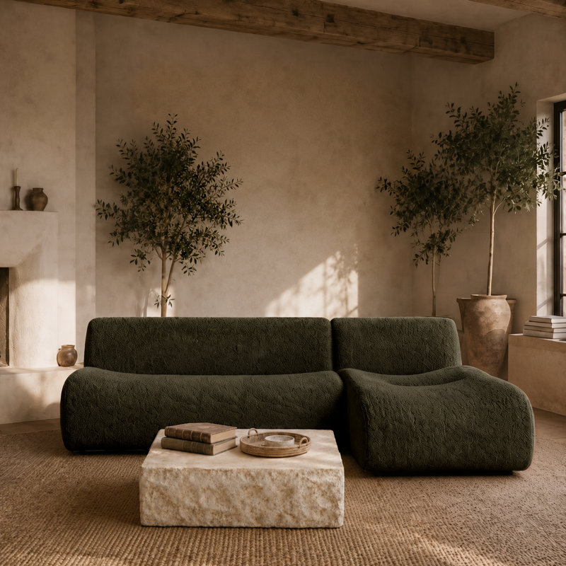 Causeuse modulaire incurvée de 92 po avec méridienne, siège à boucle profonde en sherpa, à compression, sans assemblage