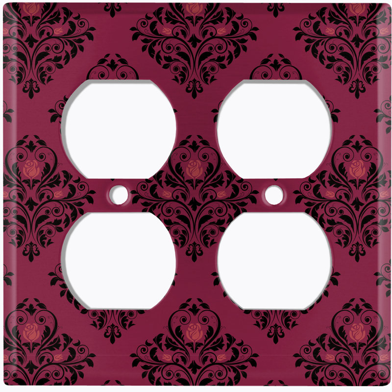 Metal Light Switch Plate Outlet Cover (Damask Black Elegant Flower Diamond Dark Red - Single Toggle)