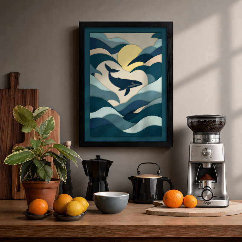Whale in Motion Coastal - Framed Print, A2 - 59.4 x 42.0 cm, Black