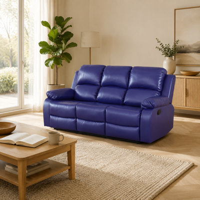 Canapé en similicuir bleu foncé - causeuse convertible avec porte-gobelet et rangement pour un salon confortable