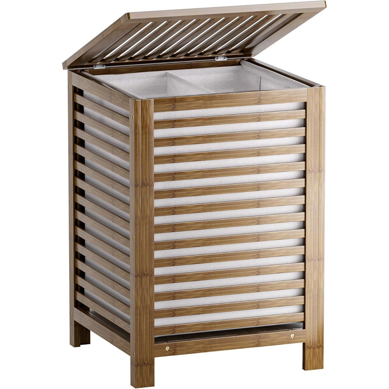 Double Laundry Hamper With Lid And Removable Liner Bag, 2-Section Bamboo Laundry Basket For Organized Sorting In Laundry Room, Bathroom, Or Bedroom