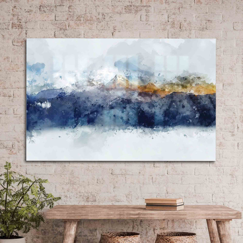 Superbe art mural en verre représentant un paysage de montagne à l'aquarelle, parfait pour rehausser le décor de votre salon ou de votre bureau | Rectangle