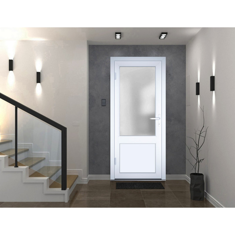 Porte d'entrée extérieure prémontée en fibre de verre dépoli Manux 8422 Blanc Soie, portes pour bureaux, commerces et habitations, entrée, patio, garage - L 91,4 cm x H 203,2 cm - Ouverture à droite vers l'intérieur