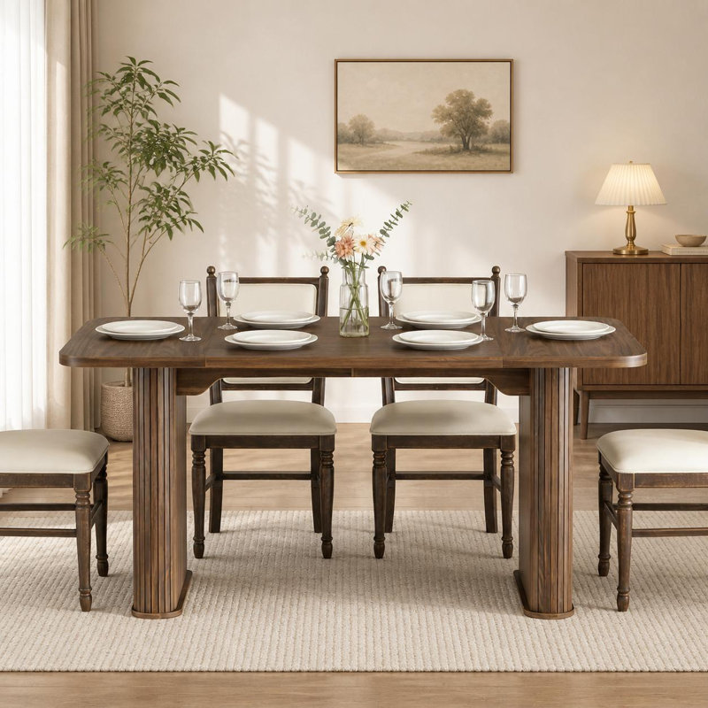 62 Inch Table - Set for 6-8 People, Wooden Kitchen Table with Grille Design, Suitable for Home, Office, Living Room, Walnut