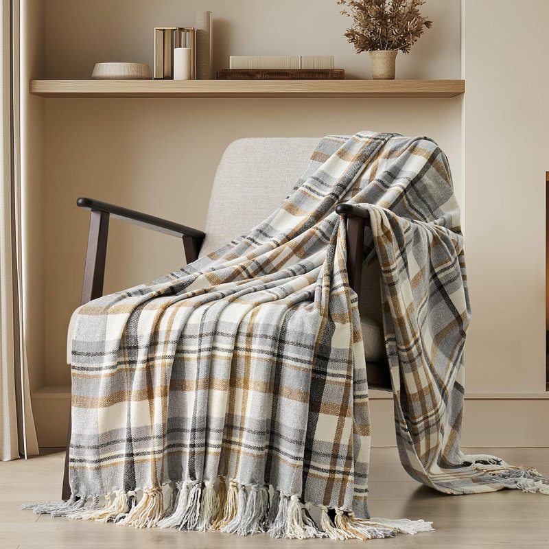 Jeté en chenille douce, L 60 po x l 50 po, Tissu écossais gris / beige chaud