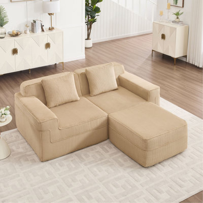 Canapé modulaire modulaire en L à 2 places sans os, canapé modulaire Cloud avec assise profonde, canapé modulaire moderne à 2 places avec coussins décoratifs et 1 repose-pieds mobile, tissu en velours côtelé