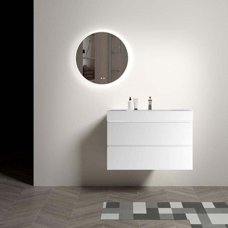 Meuble-lavabo mural 36 po avec évier Alice, grand rangement, lavabo noir, pré-assemblé, Blanc, Blanc
