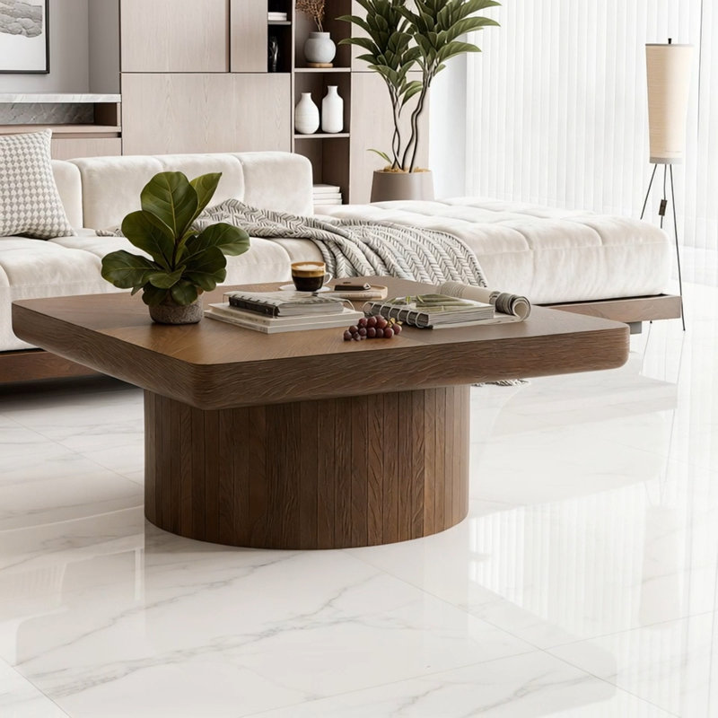 Table basse carrée avec base cylindrique, Noyer