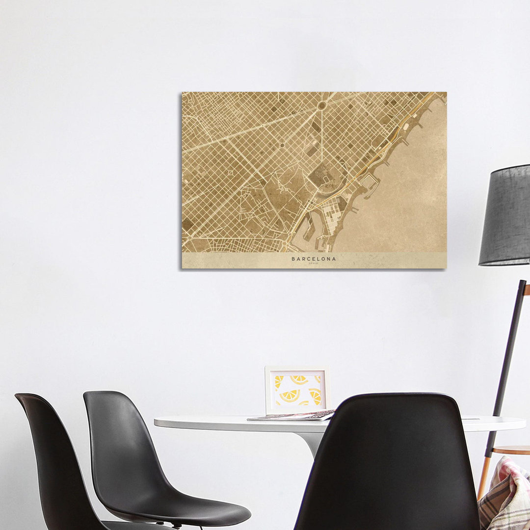 Vintage Sepia Karte von Barcelona Downtown von Blursbyai - Galerie-verpackte Leinwand Giclée auf Leinwand