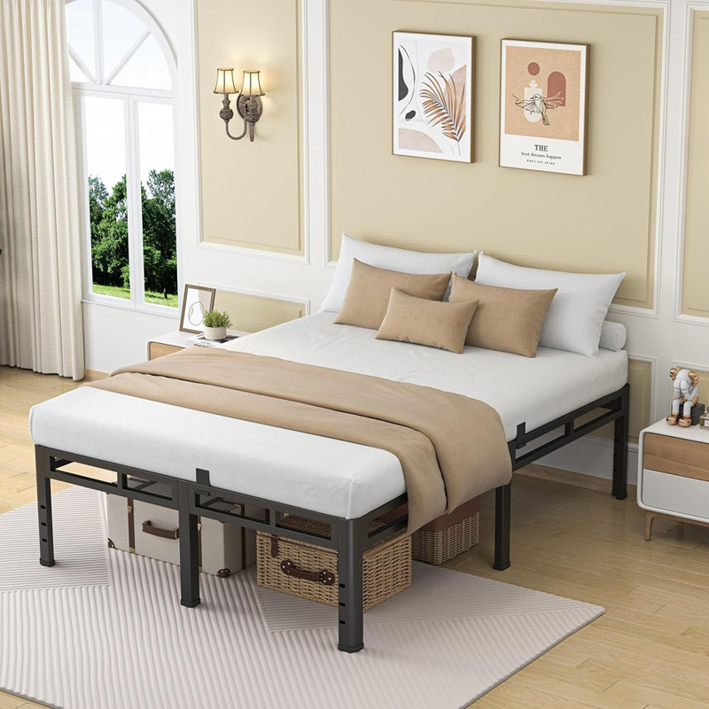Base de lit grand 18 pouces, cadre de lit en métal et plateforme 2 en 1 avec sommiers ronds, structure en métal robuste de 4 000 lb, butée de glissade pour matelas, trou de tête de lit, silencieux, assemblage facile
