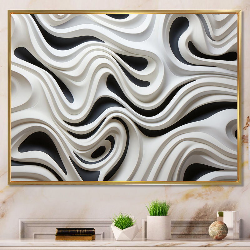 «Black White Opt Optic Symphony I», reproduction sur toile, Cadre flottant doré, H 16 po x l 32 po x P 1 po