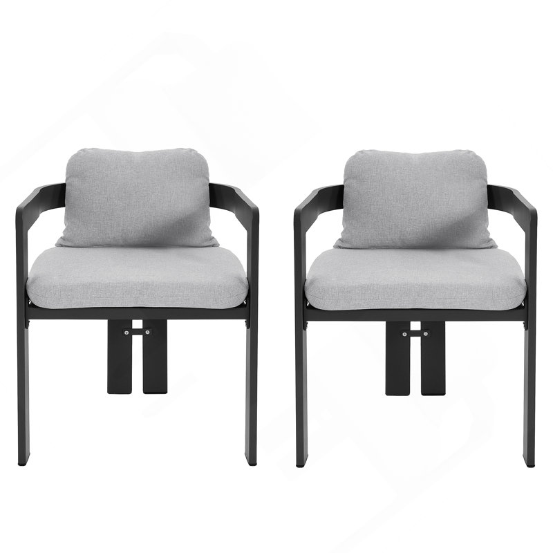 Chaise de patio d'extérieur en aluminium, ensemble de 2, finition noire avec coussin gris