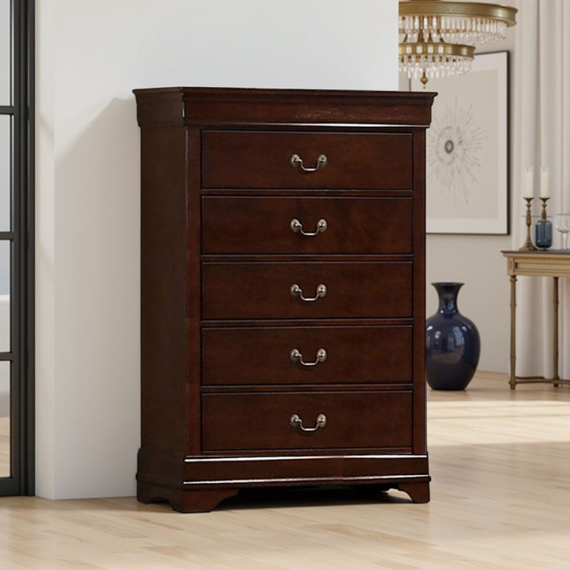 Ryla Tall Dresser Chest, 5 Drawers, Nickel Metal Handles, Solid Wood, Cherry Brown