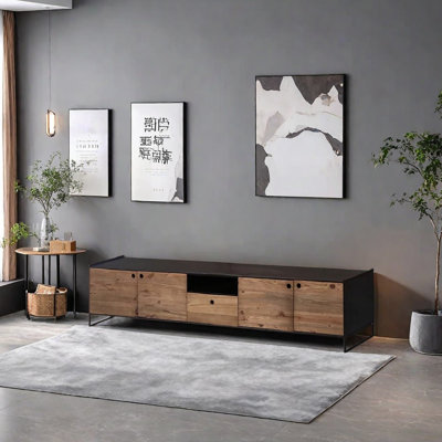 Solid Wood TV Stand with Open Shelf and Metal Legs