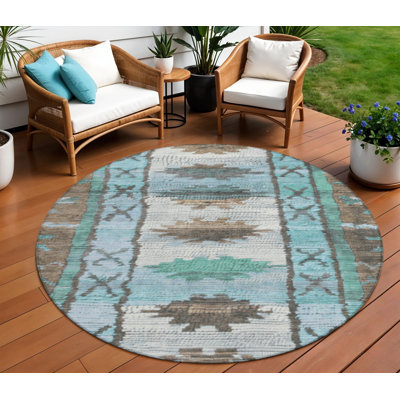 Tapis 8 pi brun et bleu sarcelle rond Tribal