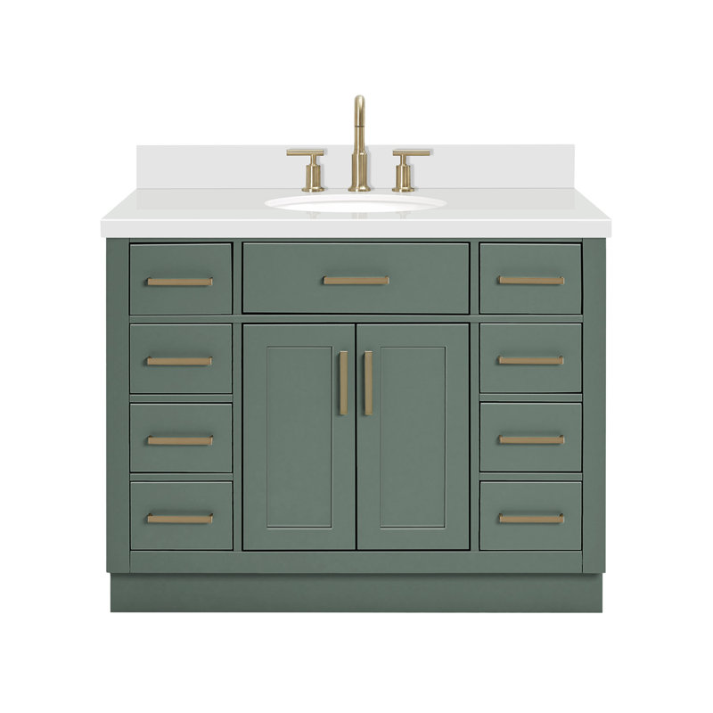Meuble-lavabo simple en bois massif 42 po Odle avec plateau en quartz blanc 1,5 po, Ovale, Vert rétro / laiton satiné