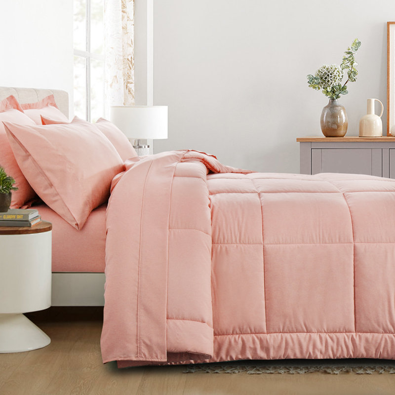 Ensemble d'édredon en microfibre 5/7-pièces , Édredon pour grand lit simple + 4 pièces supplé, Rose