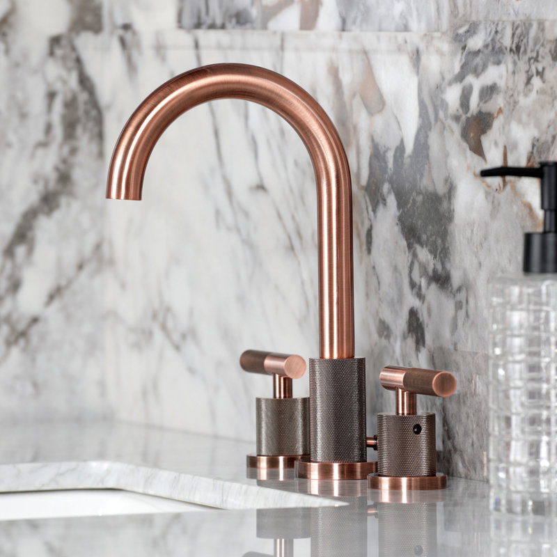Kingston Brass Convergent Two-Handle 3-Hole Deck Mount Widespread Bathroom Faucet with Knurled Handle and Brass Pop-Up Drain
