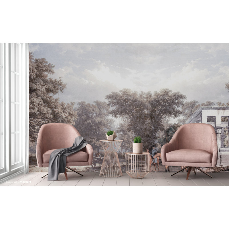 Scenic Countryside Mural With Classical Ruins, 117.96" L x 225" W, Gray