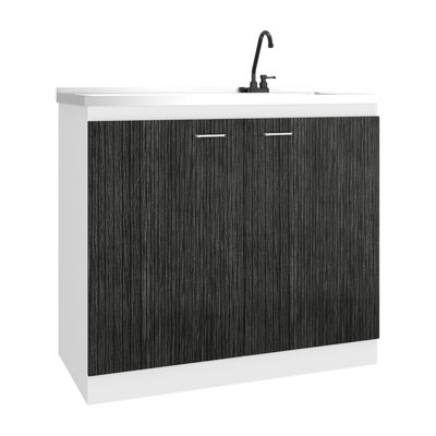 White Gray Utility Sink With Built - In Faucet And Stainless Steel Top, Freestanding Cabinet Metal Handles For Home Garage Kitchen Workspaces Exchange Option Integrated Countertop, Two Doors Storage