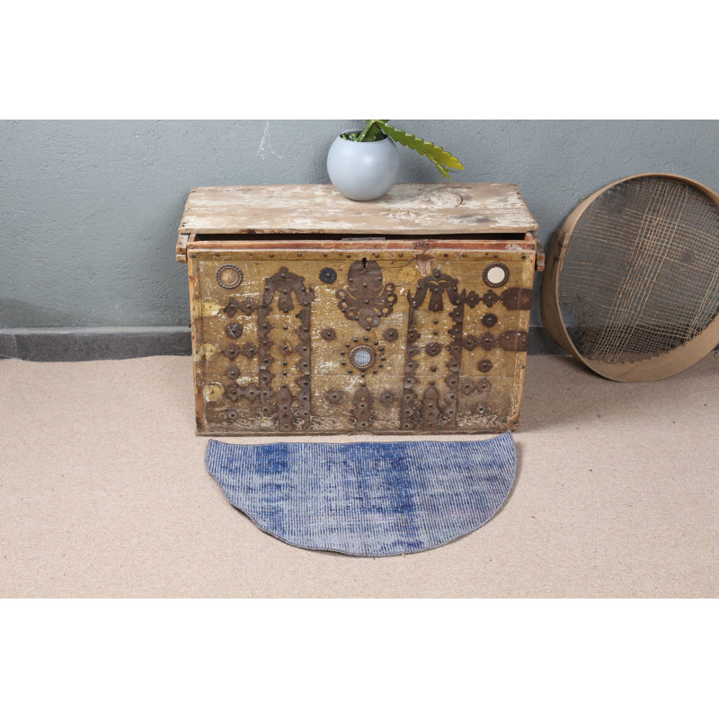 Charming Round Turkish Rug in Blue Adds Antique Elegance to Your Doorway or Small Spaces