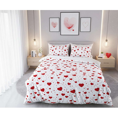 Elegant Quilt Cover Set, White & Red, 94.5 x 86.6 inches | 70% Cotton & 30% Polyester, Machine Washable | Includes 2 Pillowcases (23.6 x 23.6 inches) | Button Closure Duvet & Envelope Pillowcase Design, Stylish & Comfortable