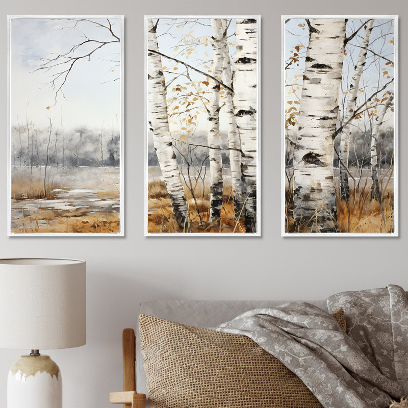 Argent minimalisme arbre Birchs Breath - ensemble d'art sur toile de bouleau, Cadre flottant blanc