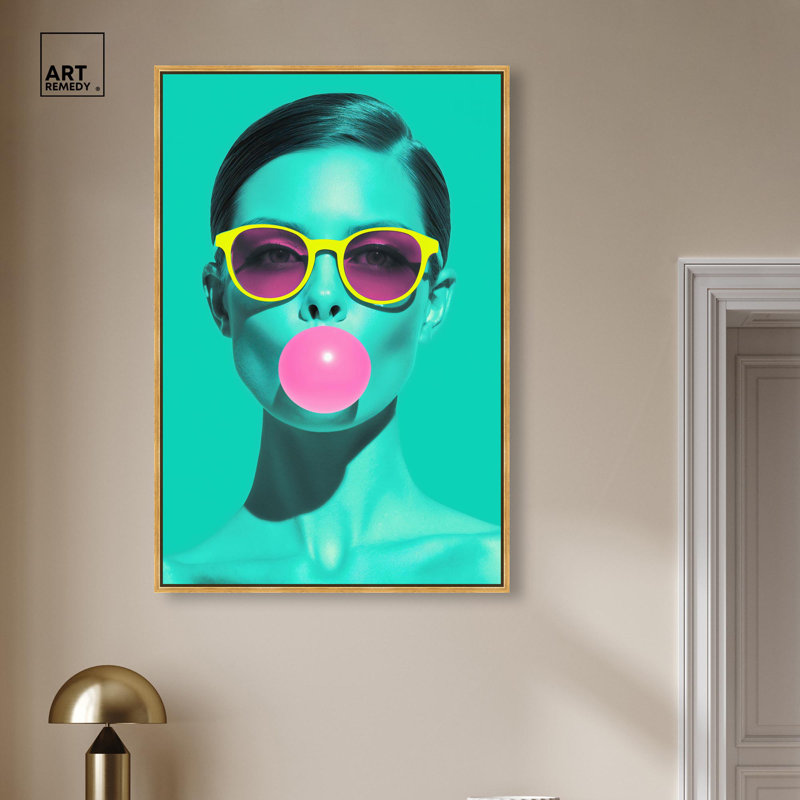 Reproduction d'art moderne sur toile Bubblegum Pop par Art Remedy, cadre doré, 30 x 45, H 46 po x l 31 po, Encadrement doré