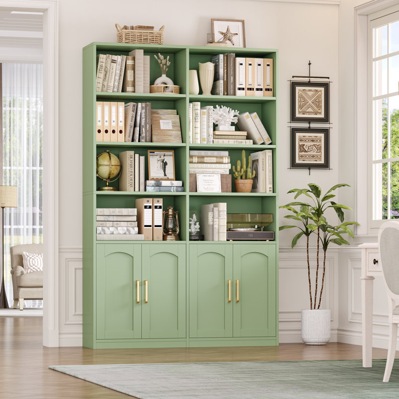 Bibliothèque standard en bois avec portes et 8 tablettes ouvertes Kirklyn, Vert