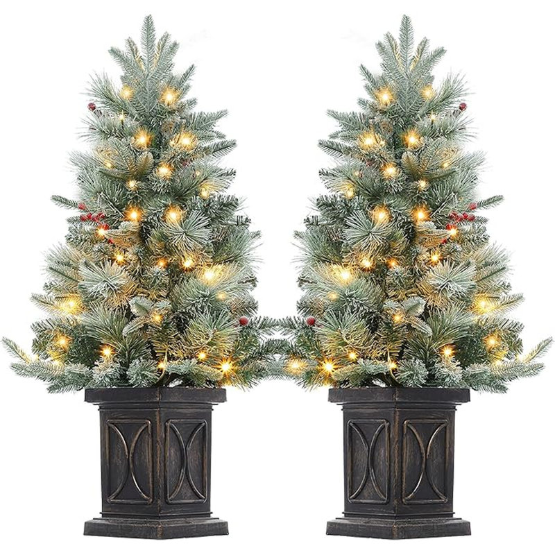Sapin de Noël de 90 cm (3 pieds) pré-illuminé et recouvert de neige floquée, avec pot de fleurs
