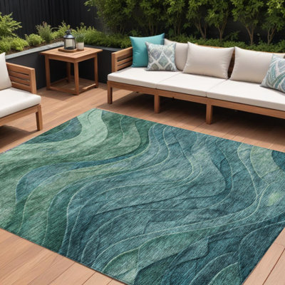 Tapis extérieur bleu sarcelle lavable abstrait 9 pi x 12 pi bleu sarcelle