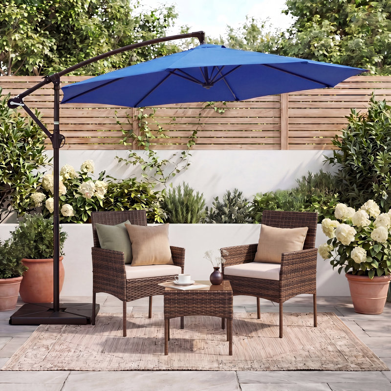 3 Piece Wicker Patio Conversation Set With Cantilever Umbrella, Brown, Carbon Gray