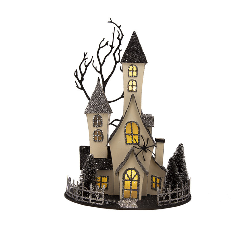 Maison hantée illuminée en carton 10 x 8,3 x 13,5 po, décor de table d'Halloween noir et beige, alimenté par piles