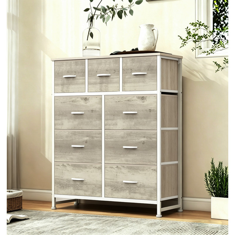 Commode 9 tiroirs, commode avec tiroir large 39,4 po, tissu facile à tirer et commode en bois avec plateau, Oak