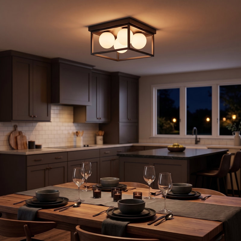 12.6 in. 4-Light Modern Flush Mount Light, Matte Black Finish with Frosted Glass Globes, Matte Black