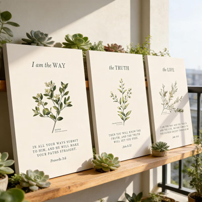3Pcs Christian Bible Canvas Wall art Religious Verse Painting Picture Wall Decor Proverbs 3:6 John 14:6 Vintage Botanical Poster Print Artwork for Bedroom Living Room Study Home Decoration Neutral Beige Faith Gifts